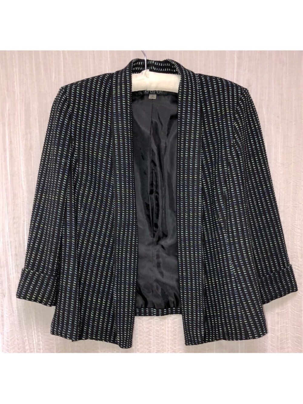 Kasper 6 Black with Blue Green Pattern Knit Open Front Wrinkle Free Jacket